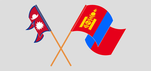 Crossed and waving flags of Nepal and Mongolia