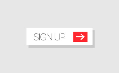 White square shape sign up button with red arrow pointer for web and social networks