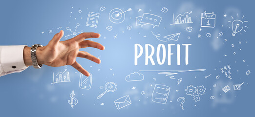 Close-Up of cropped hand pointing at PROFIT inscription, modern business solution concept