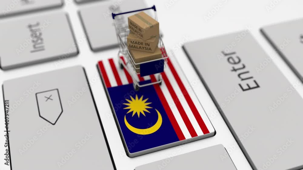 Poster cartons with made in malaysia text and shopping cart on the computer keyboard. conceptual looping 3d