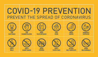 Prevention line icons set isolated on yellow. outline symbols Coronavirus Covid 19 pandemic banner. Quality design elements mask, gloves, distance, wash disinfect hands, stay home