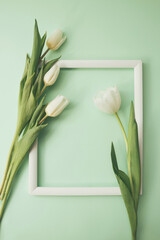 White  tulips with blank picture frame on pastel yellow background. Holiday postcard for Women's Day or Mother's Day or Sale concept. Floral spring background with copy space.