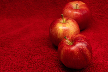 Red apples isolated in red background