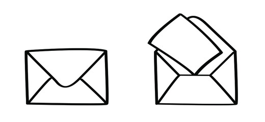 Blank paper envelopes. Post box or post office sign. Inbox, mail icon. Vector postcard, envelope symbol. Cartoon letter mail open. Message open