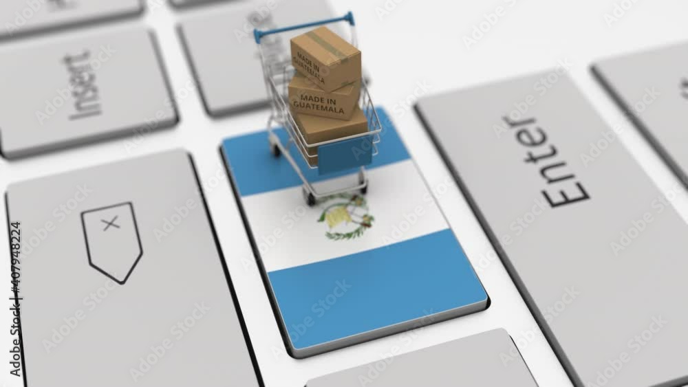 Poster goods made in guatemala in the shopping cart on the keyboard. export or import concepts, looping 3d 