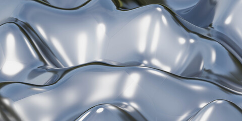 wave shaped blue metallic surface with refelctions chrome steel 3d render illustration