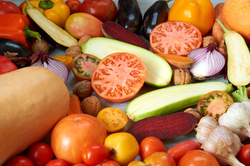 Various fresh organic vegetables: carrots, garlic, eggplants, zucchini, beet, tomatoes on the gray background. Raw ingredients for veggie healthy or diet dish