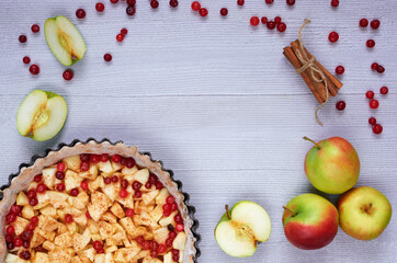 Frame of apple tart in the baking dish, fresh apples, cranberry, spices, cinnamon sticks with copy space on the gray kitchen background. Autumn pie with raw ingredients. Top view