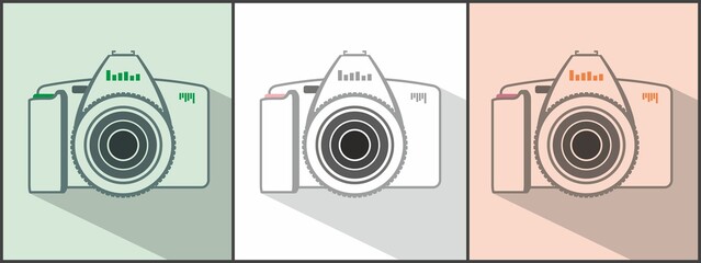 Three cameras of different colors on a mint and peach background. Vector contour isolate in a black frame.