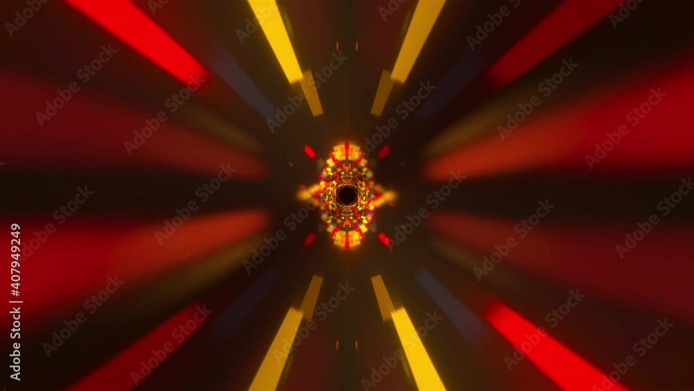 Poster tunnel with glowing cubes and rays, computer generated. 3d rendering abstract backdrop. flight insid