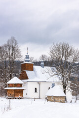 Picturesque Lopienka Orthodox Church in Bieszczady Mountains in Poland. Snowy Winter Wonderland