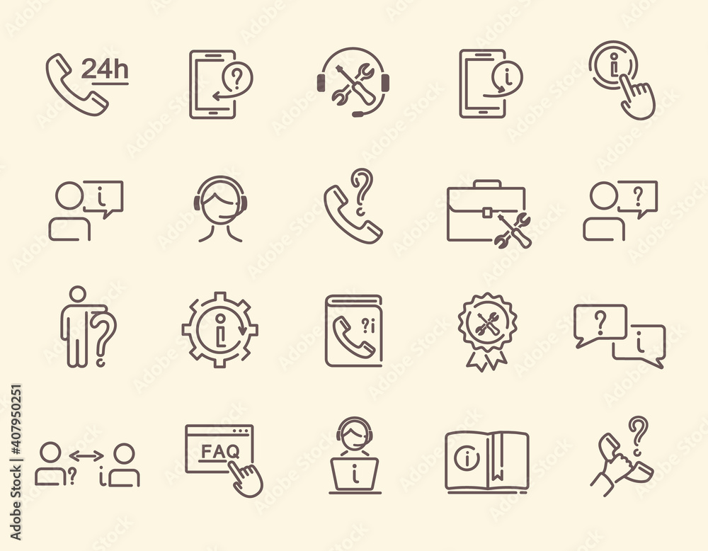 Poster set of help and support related vector line icons