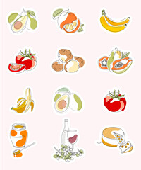 One Line Continuous 12 line Tropical Fruits and Organic Farm Vegetables. Avocado, Orange, Banana, Tomato, Potato, Papaya, Honey, Wine, Cheese. Design element for grocery store, vegetable shop. Vector