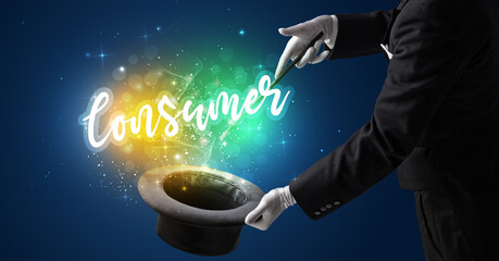 Magician hand conjure with wand and Consumer inscription, shopping concept