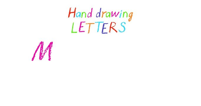 Kids hand drawn animated alphabet letters M, N, O, P, Q, R. Doodle crayon, chalk or pencil stroke font for text. Cartoon multicolor funny child writes letters. Alpha channel isolated transparency 4K