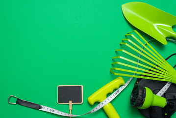 Garden tools on the green background with copy space. Rake, spade, secateurs and garden meter.