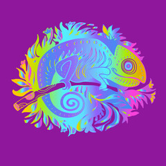 Stylized Rainbow Colors Doodle Chameleon Isolated on violet background. Hand Drawn Reptile Vector Illustration in Cartoon Style. Sketch for baby print, accessories. Tropical Animal Collection. 