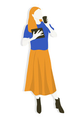 Portrait of a young woman wearing casual outfit of trendy colors, holding a tablet and a paper cup of coffee, flat illustration of studying at home during lockdown 