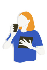 Portrait of a young woman wearing casual outfit of trendy colors, holding a tablet and a paper cup of coffee, flat illustration of studying at home during lockdown 