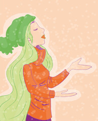Portrait of a beautiful sad girl wearing warm winter outfit of trendy colors, enjoying snowy weather, isolated flat illustration