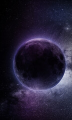 abstract space 3D illustration, 3d image, background image,bright moon among constellations and galaxies in violet tones