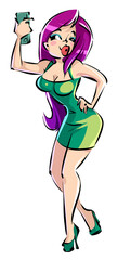 Cartoon beautiful girl with purple hair takes a selfie photo