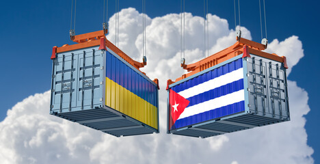 Freight containers with Ukraine and Cuba flag. 3D Rendering 