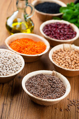 Different vegetable protein sources: beans, lentils, chickpeas