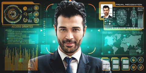 Facial recognition technology scan and detect people face for identification . Future concept interface showing digital biometric security system that analyze human face to verify personal data .