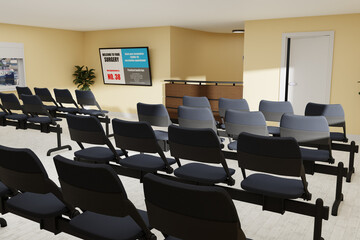 Interior Empty Doctor Surgery Waiting Room with Covid Vaccination on screen. 3D Render