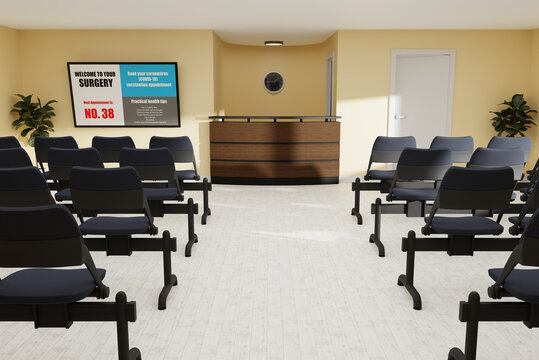 Interior Empty Doctor Surgery Waiting Room with Covid Vaccination on screen. 3D Render