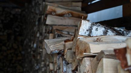Close-up of birch firewood in wooden pile inside barn