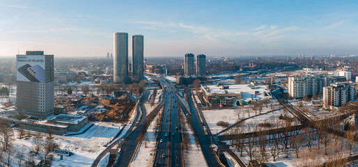 Beautiful aerial view on the Z-Towers in the center of Riga, Latvia in Winter