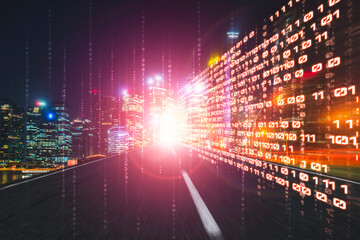 Digital data flow on road with motion blur to create vision of fast speed transfer . Concept of...