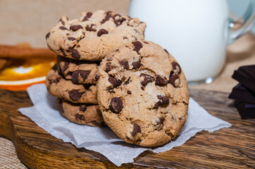 Homemade chocolate chip cookies with a cup of milk 