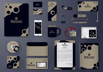 Vector branding identity stationery Mockup set with grey and blue hexagon design and logo. Business templates set includes folder, catalogue cover, CD, notebook, brochure, envelope, corporate letter