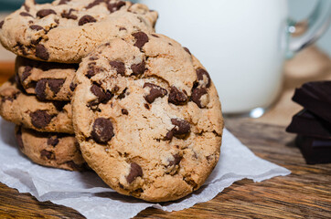 Homemade chocolate chip cookies with a cup of milk, close view 