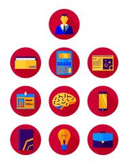 Office job flat colorful icons. Necessary items for work and business. Vector icon collection with shadow effect for web design. Bright palette isolated on white background
