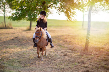 Ein Mädchen reitet Pferd Sommer Sonnenuntergang