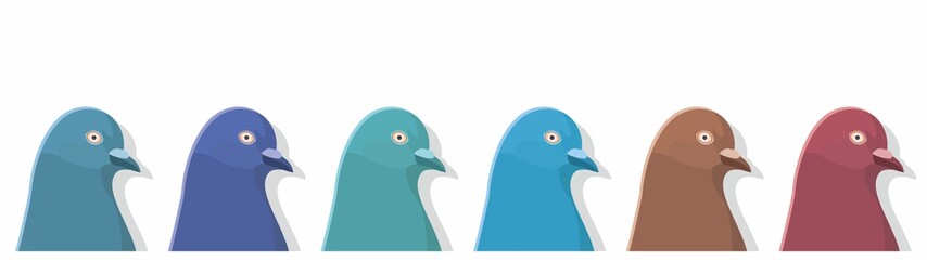 Six vector pigeons of different colors isolated on a white background. Purple, blue, turquoise, cyan, red, brown color of birds.