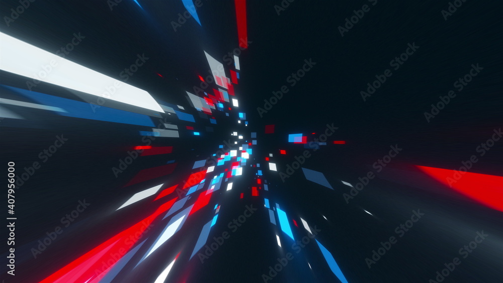 Aufkleber stream of flying colored squares, computer generated. 3d rendering abstract backdrop