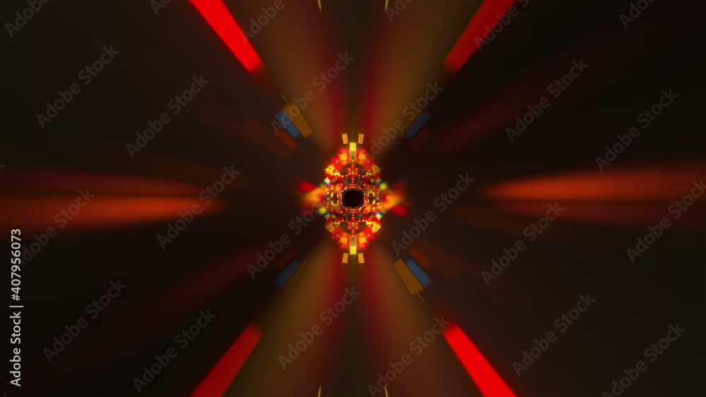 Poster tunnel with glowing cubes and rays, computer generated. 3d rendering abstract backdrop. flight insid
