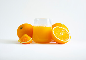 Orange juice glass with slices of orange fruit, isolated on white background.