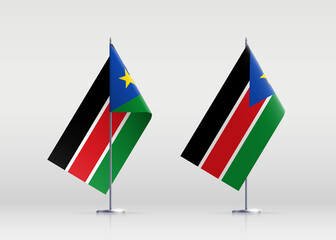 South Sudan flag state symbol isolated on background national banner. Greeting card National Independence Day of the Republic of South Sudan. Illustration banner with realistic state flag.