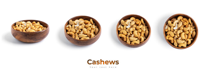 Cashews in wooden bowl isolated on a white background.