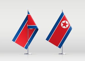 North Korea flag state symbol isolated on background national banner. Greeting card National Independence Day Democratic People's Republic of Korea. Illustration banner realistic state flag of DPRK.