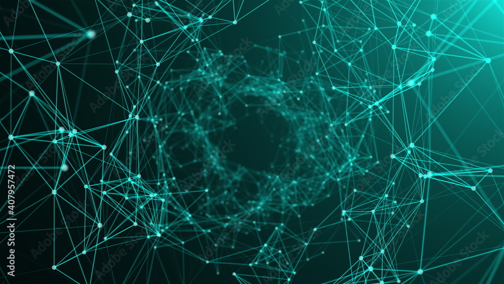 Poster lines and points form geometric surfaces. computer generated connection dots tunnel. 3d rendering ab