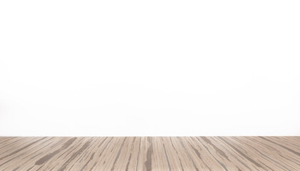 Arrière-plan blanc avec support de bois pour présentation d'objets publicitaires pour promotion de produits. Aspect sol en bois, fond blanc uni.