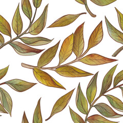 Watercolor autumn seamless pattern. Gold, orange, burgundy, brown and red leaves and autumn berries