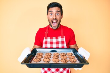 Young hispanic man wearing baker uniform holding homemade cookies celebrating crazy and amazed for success with open eyes screaming excited.